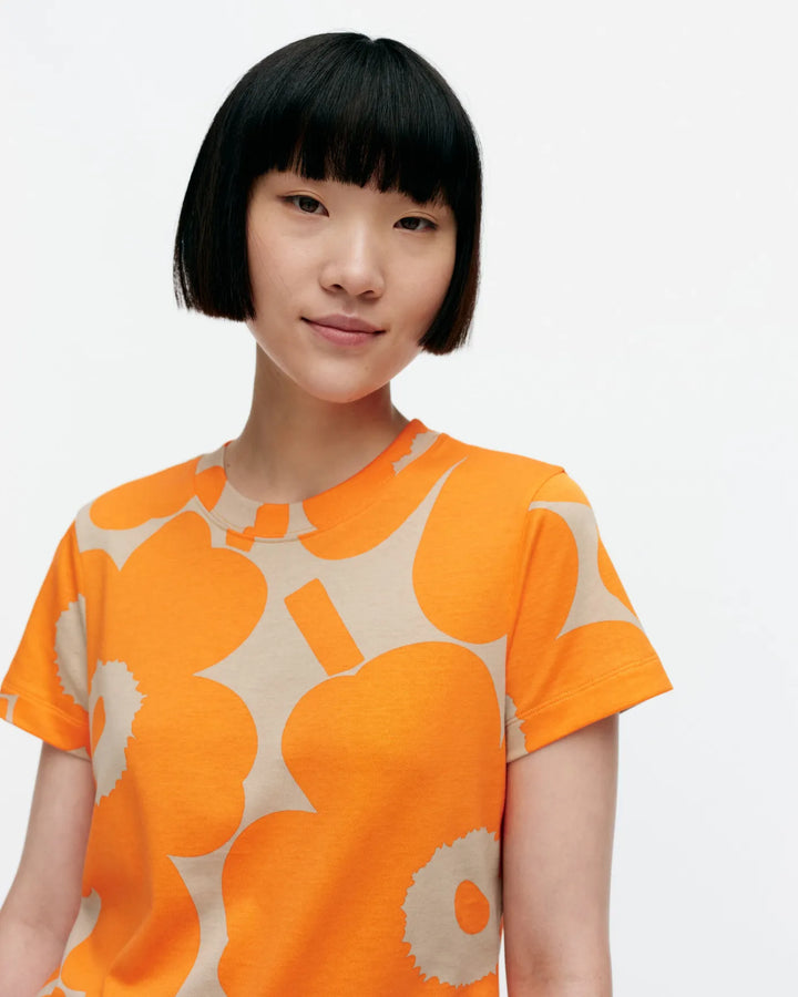 Heleys Unikko  Short Sleeve Fitted T-Shirt, Tangerine/Beige
