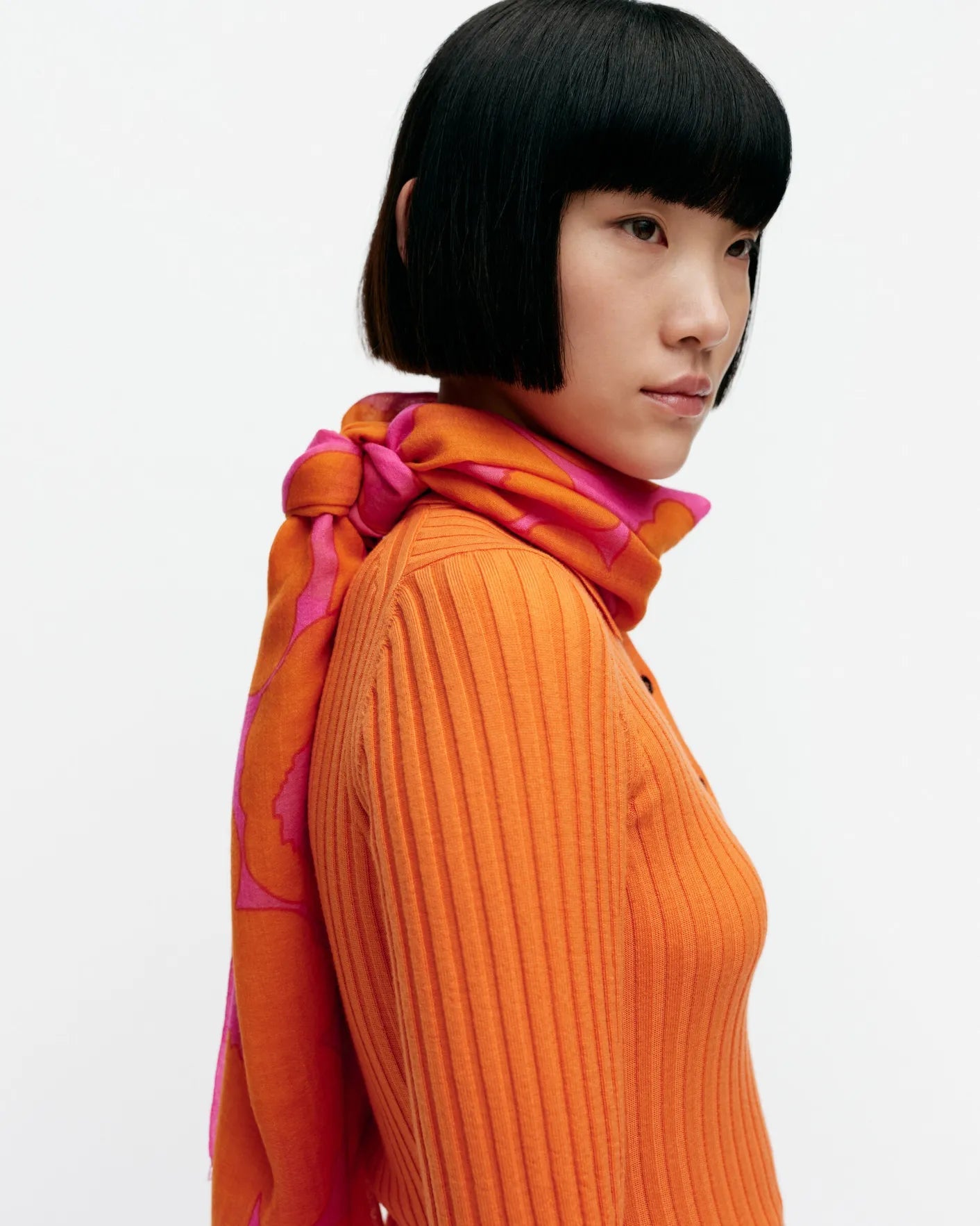 marimekko オレンジ フリンジマフラー fiore-unikko-scarf-orange-pink