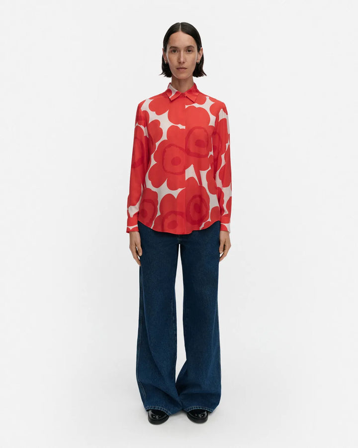 Maija Unikko Stretch Silk Shirt | Pale Pink, Coral Red