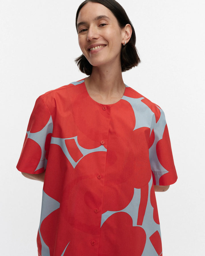 Taitavuus Unikko Short Sleeve Poplin Dress | Blue, Red
