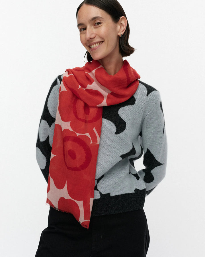 Fiore Unikko Wool Scarf | Pale Pink, Coral Red | 28" x 72"