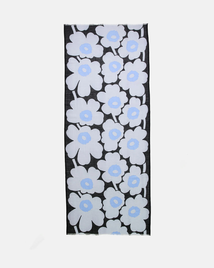 Fiore Unikko Wool Scarf | Black, Light Blue, Blue | 28" x 72"