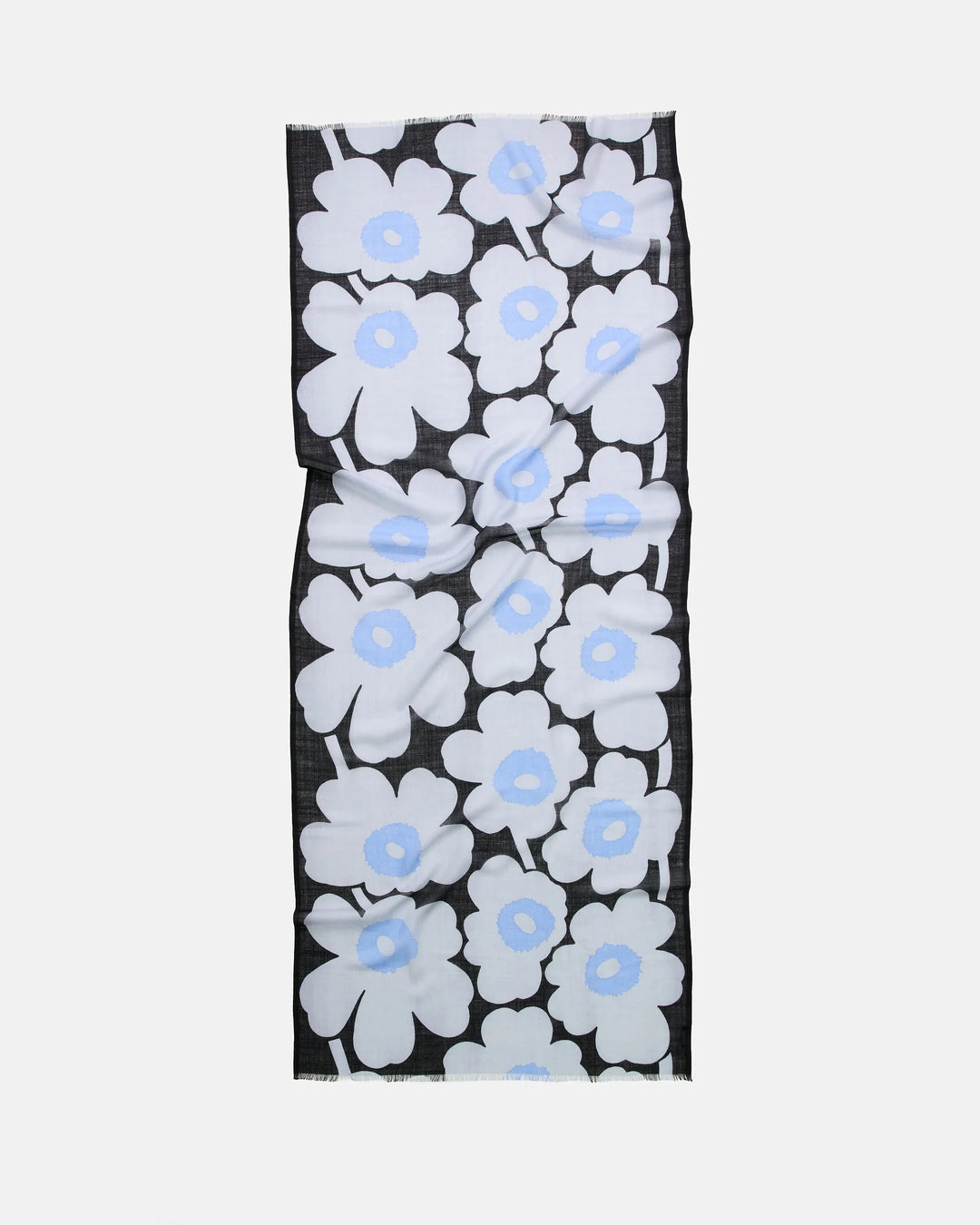 Fiore Unikko Wool Scarf | Black, Light Blue, Blue | 28" x 72"