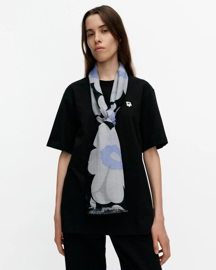 Fiore Unikko Wool Scarf | Black, Light Blue, Blue | 28" x 72"