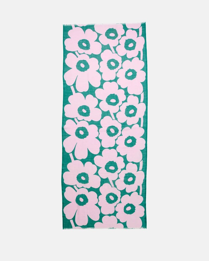 Fiore Unikko Wool Scarf | Dark Green, Pink | 28" x 72"