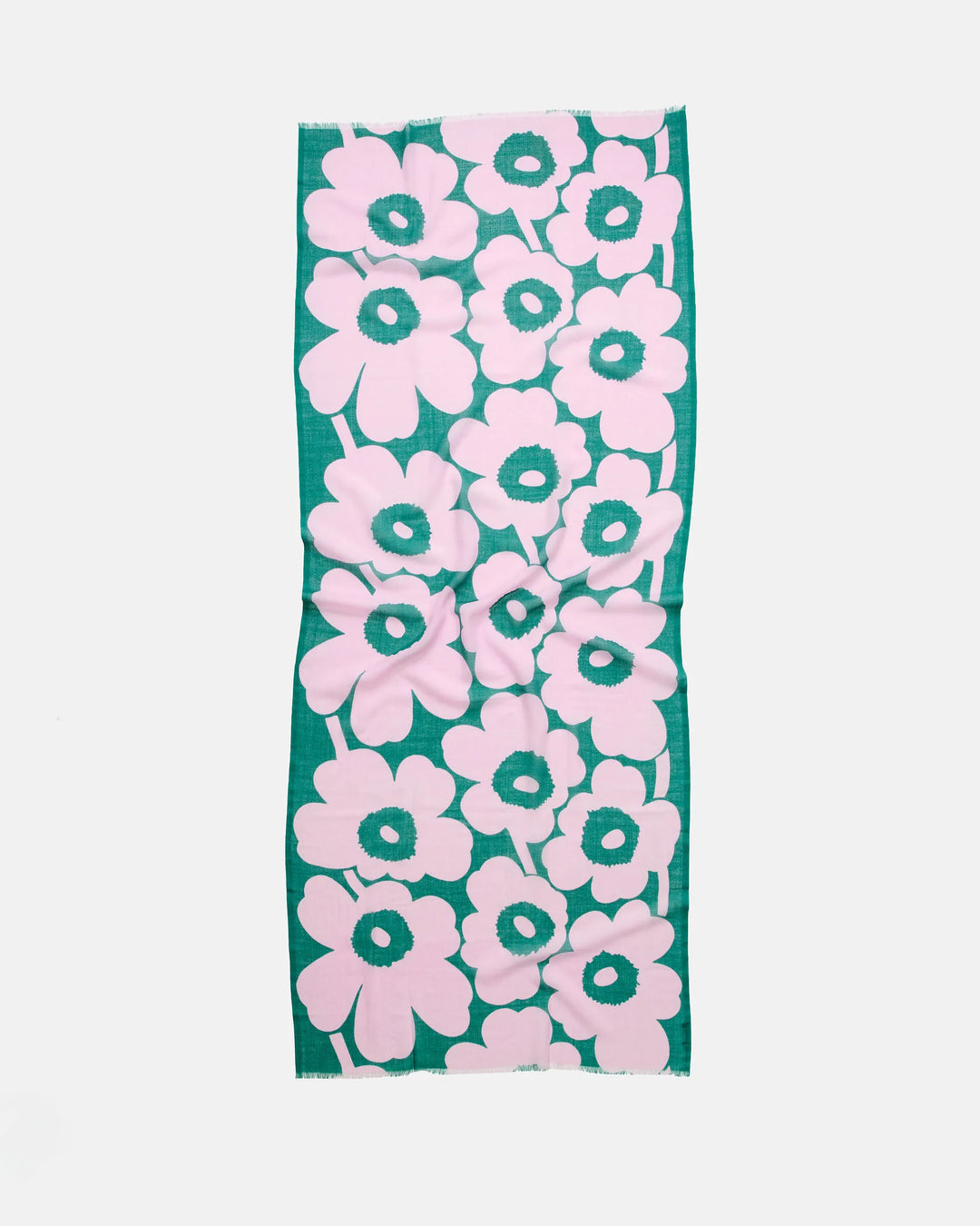 Fiore Unikko Wool Scarf | Dark Green, Pink | 28" x 72"