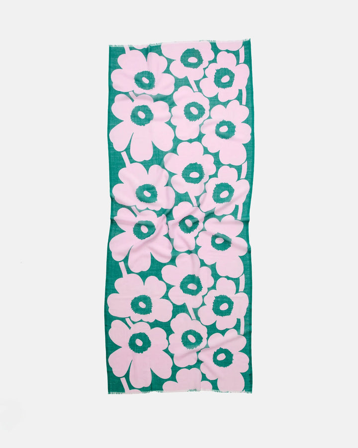 Fiore Unikko Wool Scarf | Dark Green, Pink | 28" x 72"