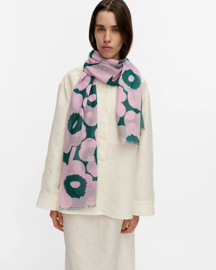 Fiore Unikko Wool Scarf | Dark Green, Pink | 28" x 72"