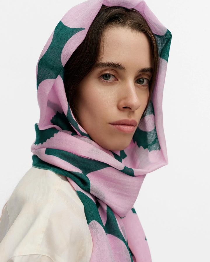 Fiore Unikko Wool Scarf | Dark Green, Pink | 28" x 72"