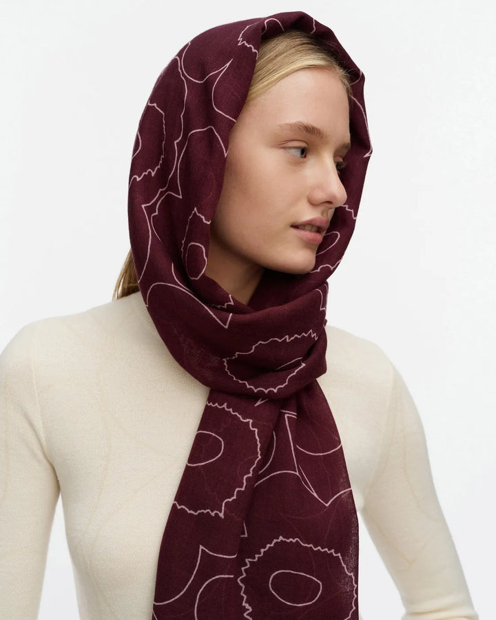 Fiore Piirto Unikko Wool Scarf | Wine, Dark Blue | 28" x 72"