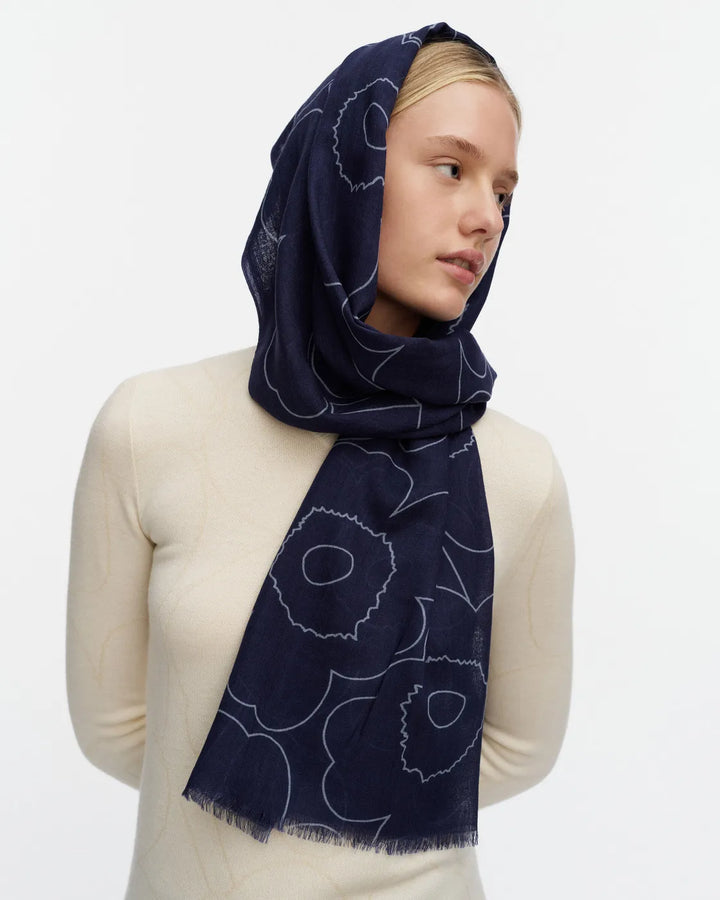 Fiore Piirto Unikko Wool Scarf | Dark Blue, Light Blue | 28" x 72"