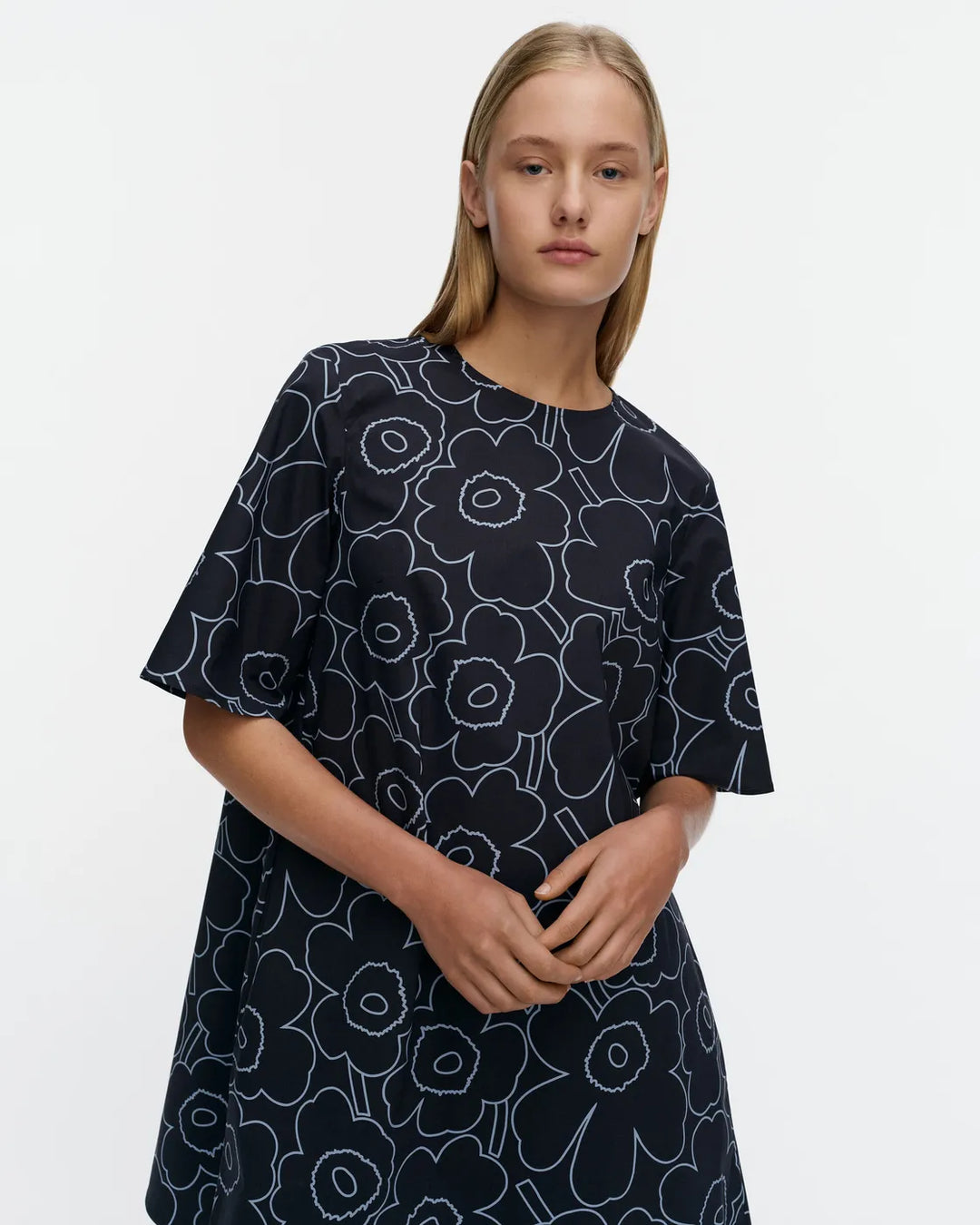 Kukkiva Short Sleeve A-Line Dress | Dark Blue, Light Blue