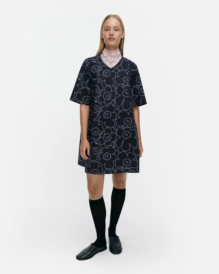 Kukkiva Short Sleeve A-Line Dress | Dark Blue, Light Blue