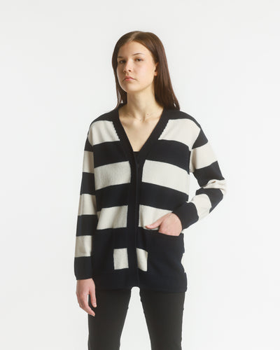 Moreeni  Boiled Wool Stripe Cardigan. Blk/Off White