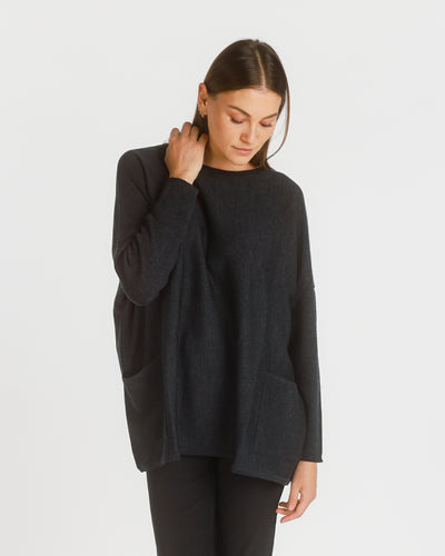Agnete Ribbed  Merino Pocket Sweater. Charcoal. One Size