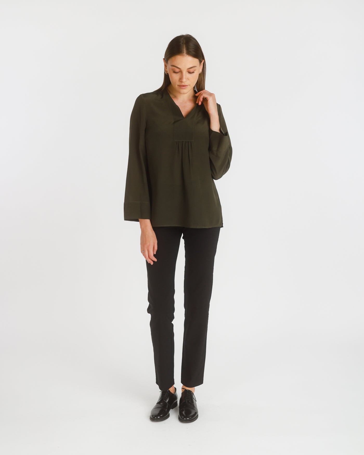 Long Sleeve Stretch Silk Popover Tunic, Dark Olive