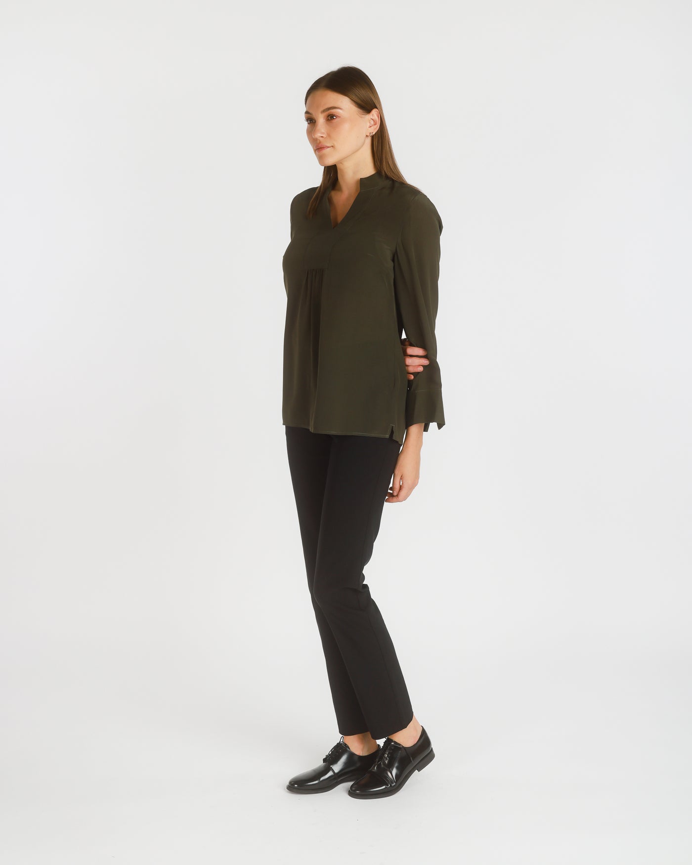 Long Sleeve Stretch Silk Popover Tunic, Dark Olive