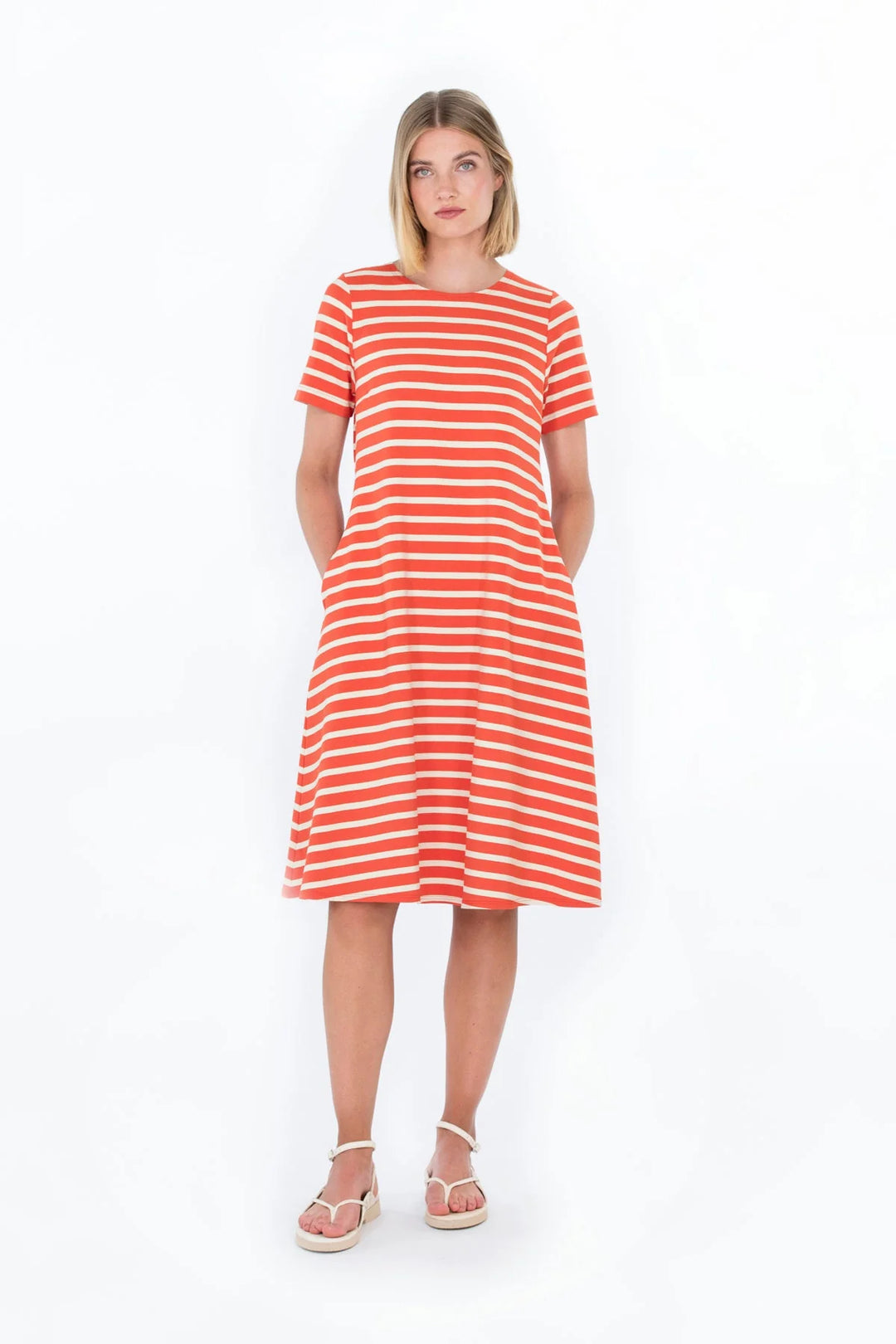 Maininki Viscose Jersey  Short Sleeve Stripe Dress, Orange/ Off White