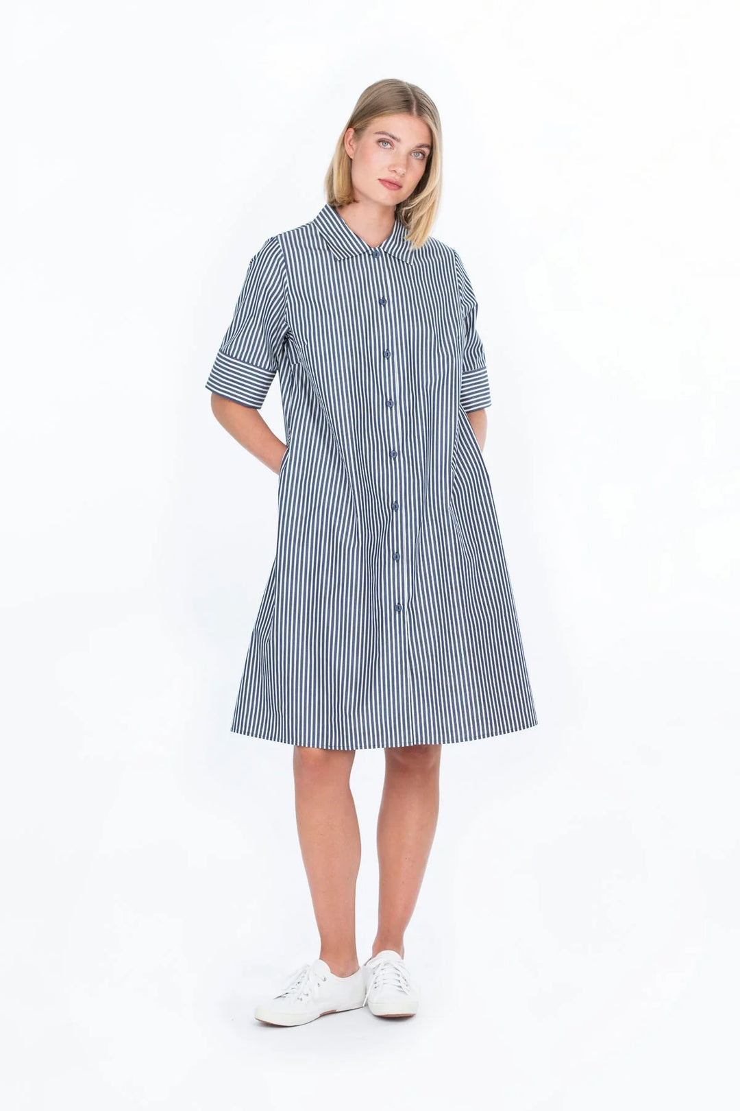 Peippo Striped Poplin Short Sleeve Shirt Dress, Dark Blue/ White
