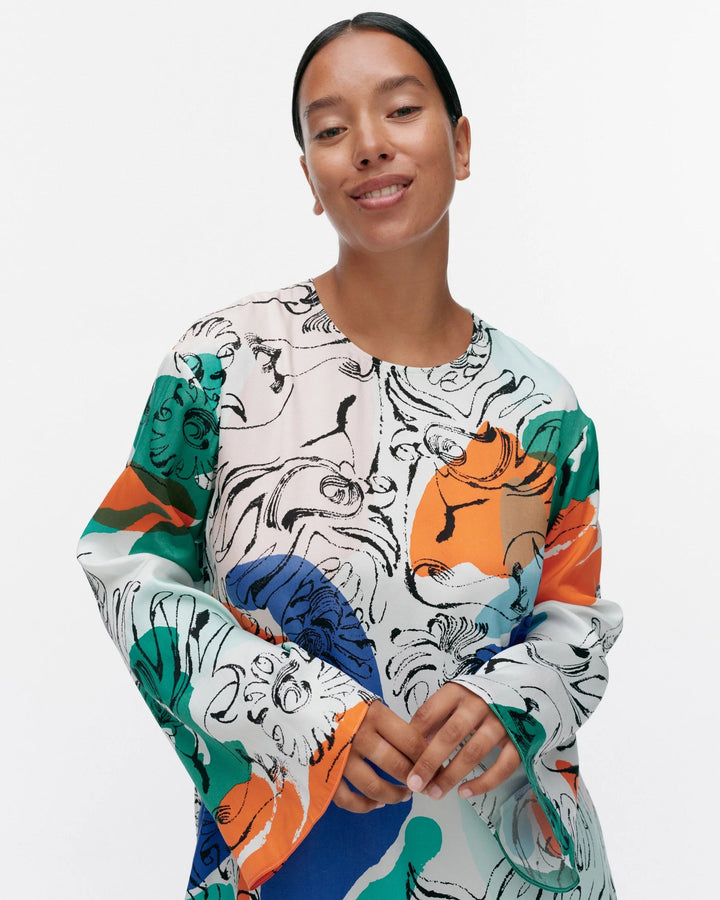 Fluidi Blombom Lyocell Dress | White Blue Multi - pirkko. Marimekko