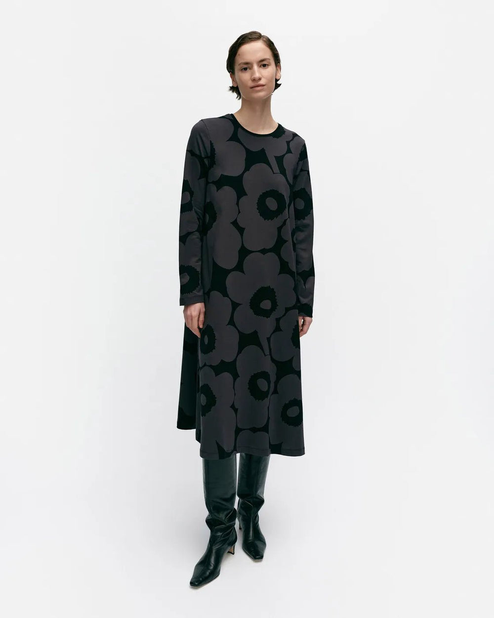 Lehtokielo Unikko Jersey A - Line Dress | Black/Grey - pirkko. Marimekko