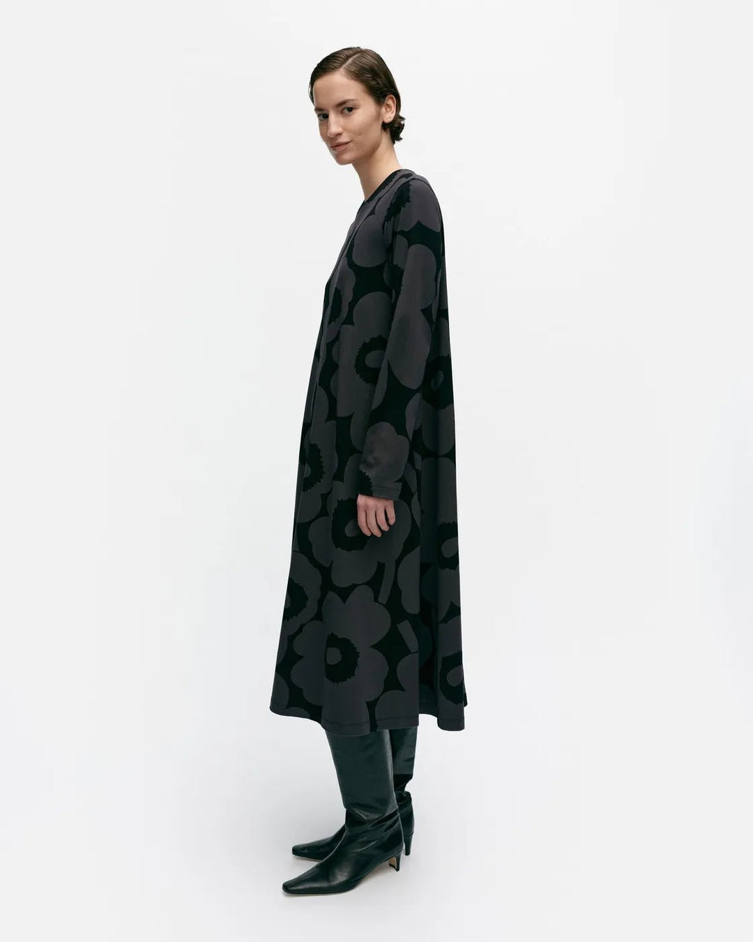 Lehtokielo Unikko Jersey A - Line Dress | Black/Grey - pirkko. Marimekko