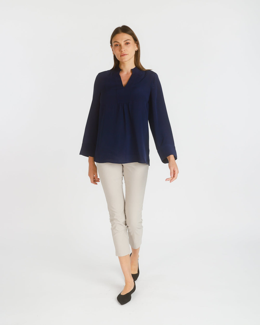 Long Sleeve Stretch Silk Popover Tunic, Dark Navy - pirkko. PBO