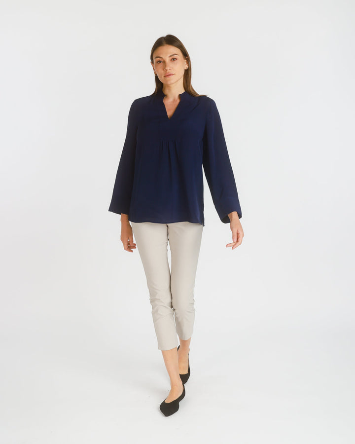 Long Sleeve Stretch Silk Popover Tunic, Dark Navy - pirkko. PBO