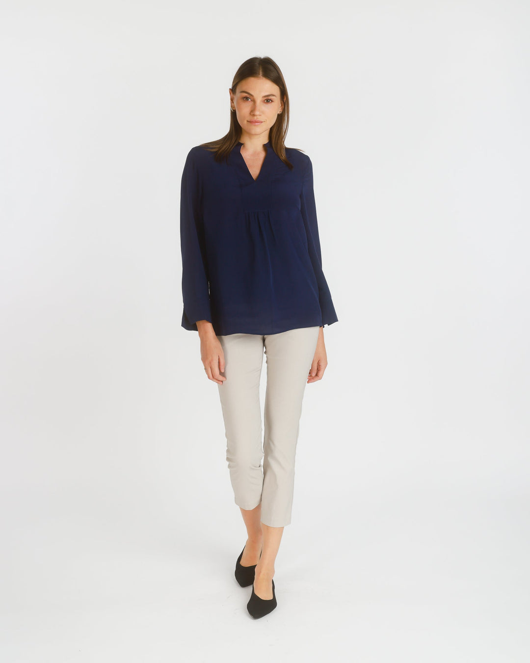 Long Sleeve Stretch Silk Popover Tunic, Dark Navy - pirkko. PBO