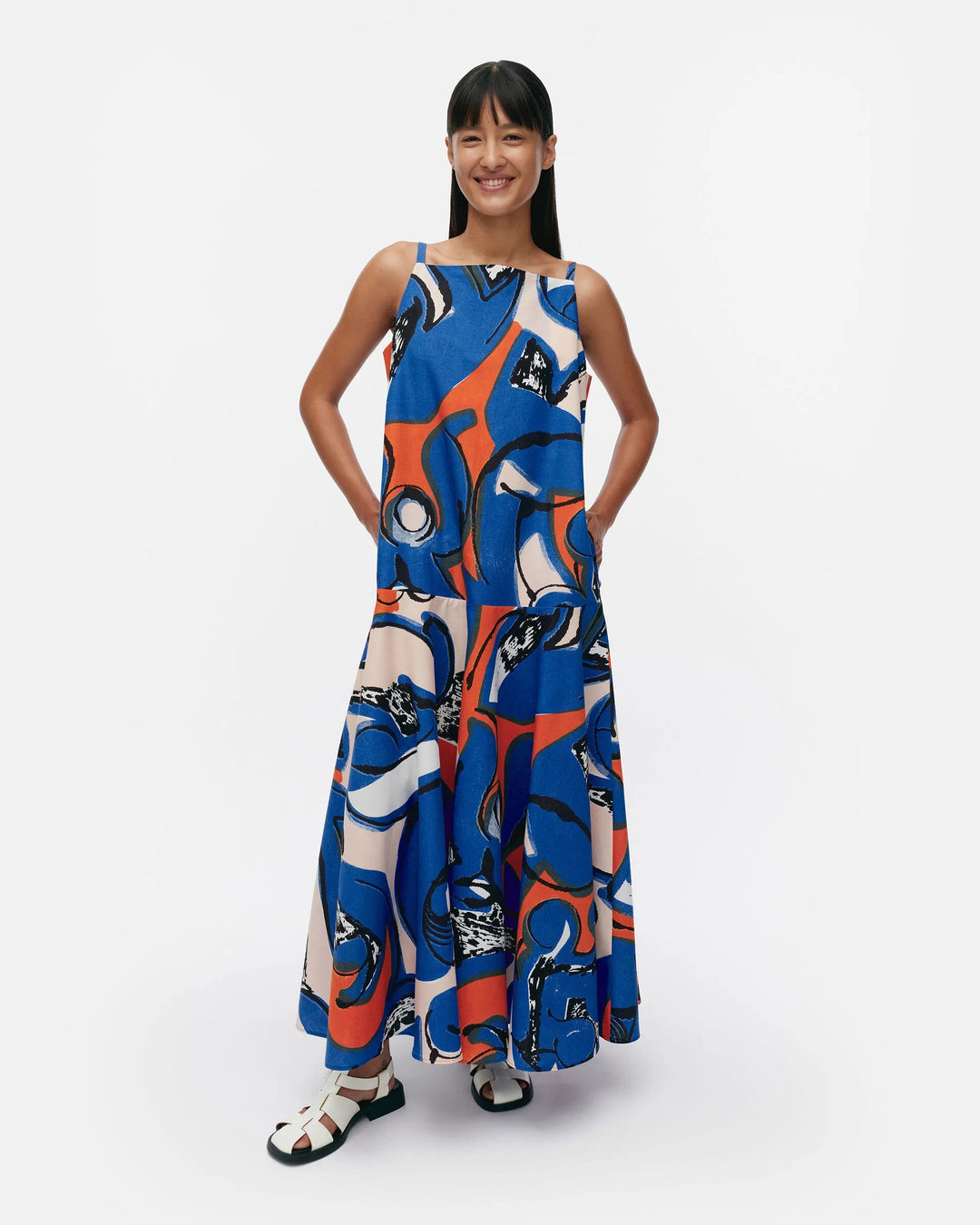 Marimekko | Antra Eldfamn Cotton Linen Dress | Blue, Peach, Orange - pirkko. Marimekko