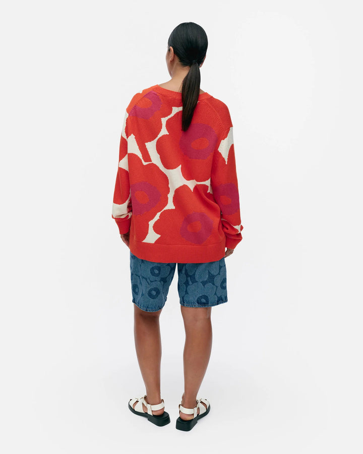Päivä Unikko Cotton V - Neck Sweater | White, Orange, Fuchsia - pirkko. Marimekko