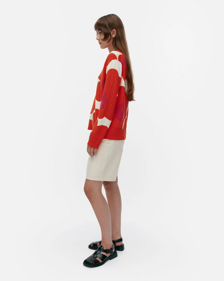Päivä Unikko Cotton V - Neck Sweater | White, Orange, Fuchsia - pirkko. Marimekko