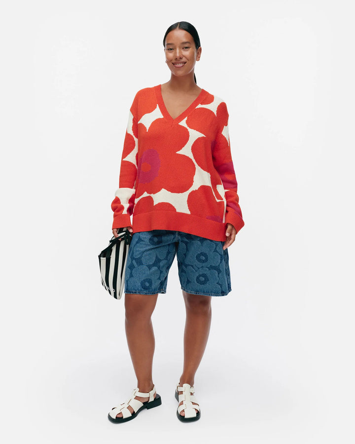 Päivä Unikko Cotton V - Neck Sweater | White, Orange, Fuchsia - pirkko. Marimekko