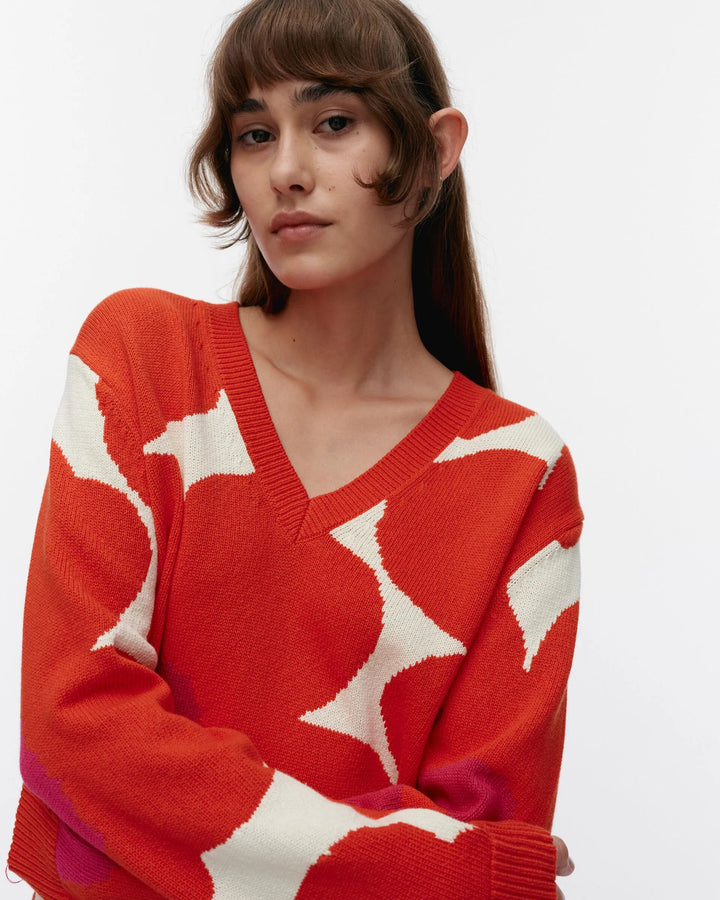 Päivä Unikko Cotton V - Neck Sweater | White, Orange, Fuchsia - pirkko. Marimekko
