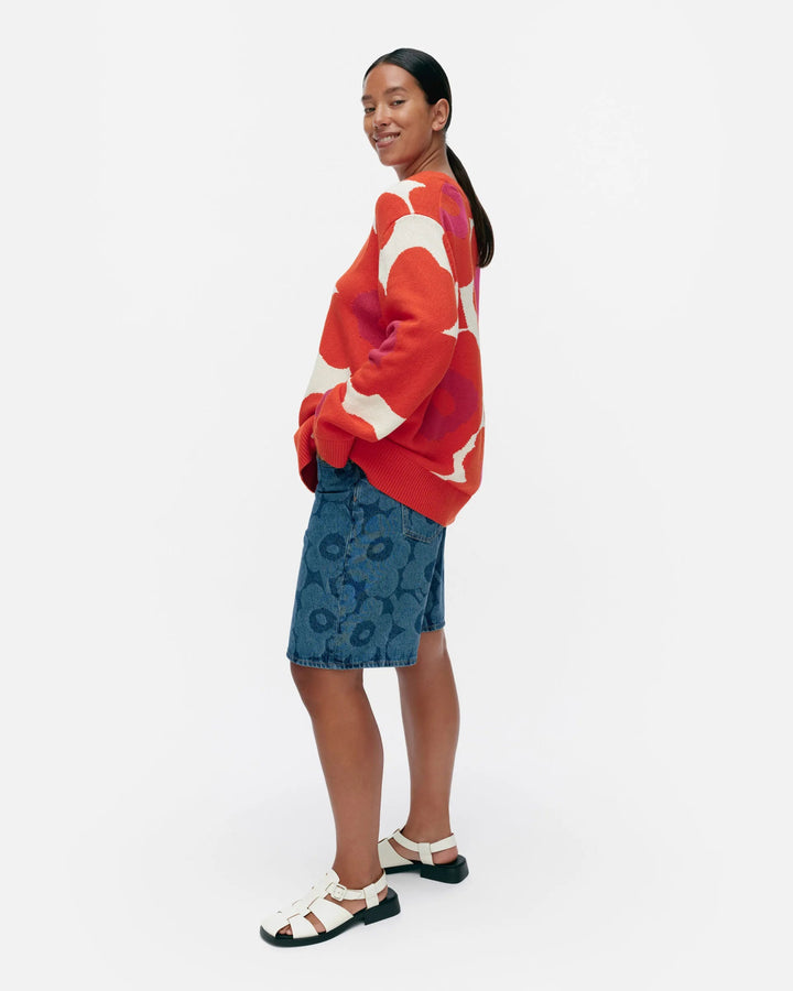 Päivä Unikko Cotton V - Neck Sweater | White, Orange, Fuchsia - pirkko. Marimekko