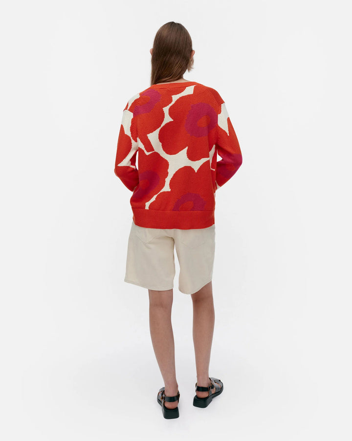 Päivä Unikko Cotton V - Neck Sweater | White, Orange, Fuchsia - pirkko. Marimekko
