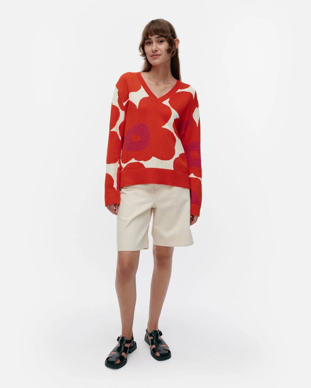 Päivä Unikko Cotton V - Neck Sweater | White, Orange, Fuchsia - pirkko. Marimekko