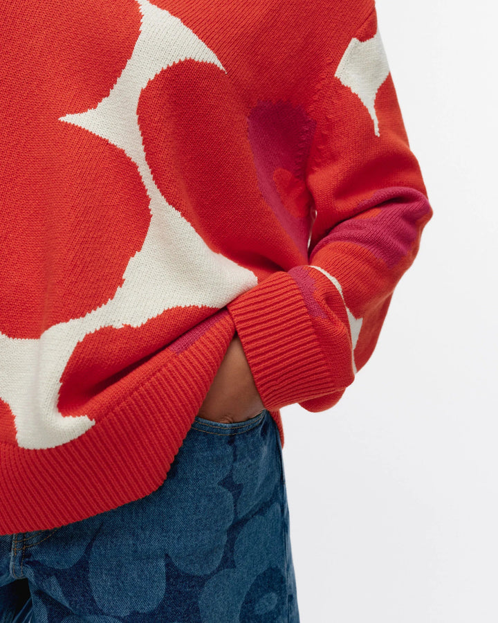 Päivä Unikko Cotton V - Neck Sweater | White, Orange, Fuchsia - pirkko. Marimekko
