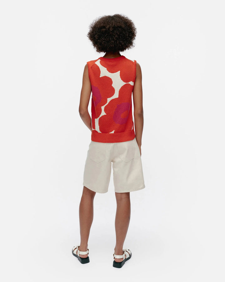 Pioneeri Unikko Cotton Sweater Vest | White, Orange, Fuchsia - pirkko. Marimekko
