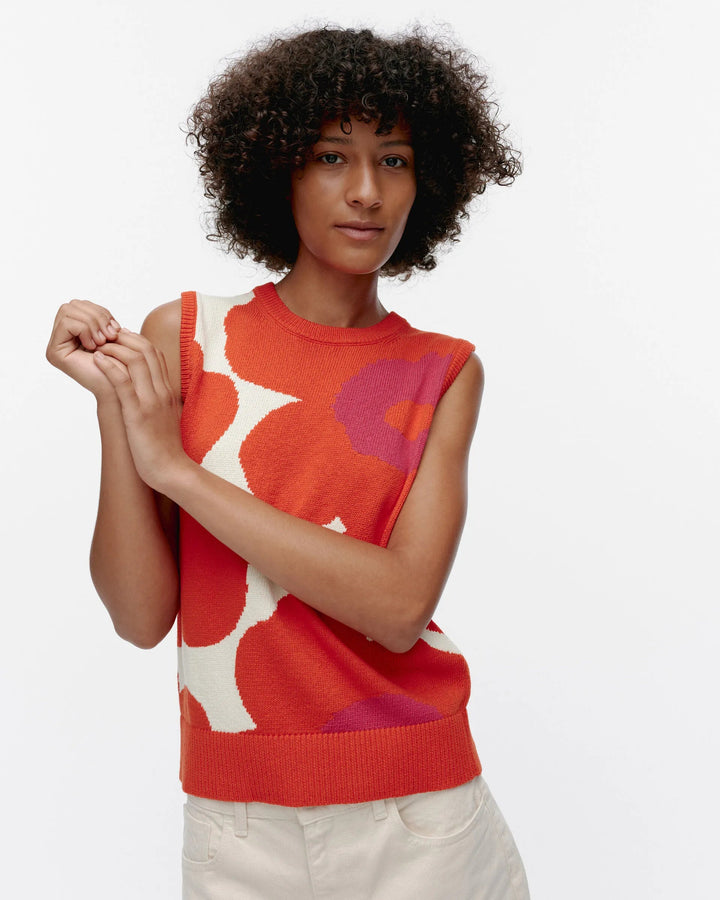 Pioneeri Unikko Cotton Sweater Vest | White, Orange, Fuchsia - pirkko. Marimekko