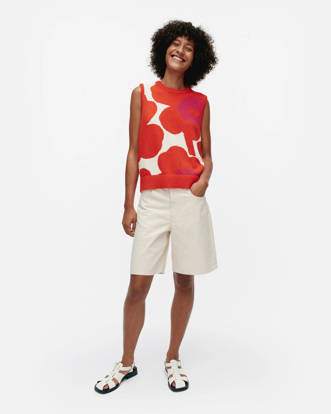 Pioneeri Unikko Cotton Sweater Vest | White, Orange, Fuchsia - pirkko. Marimekko