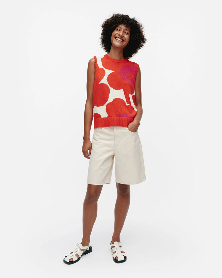 Pioneeri Unikko Cotton Sweater Vest | White, Orange, Fuchsia - pirkko. Marimekko