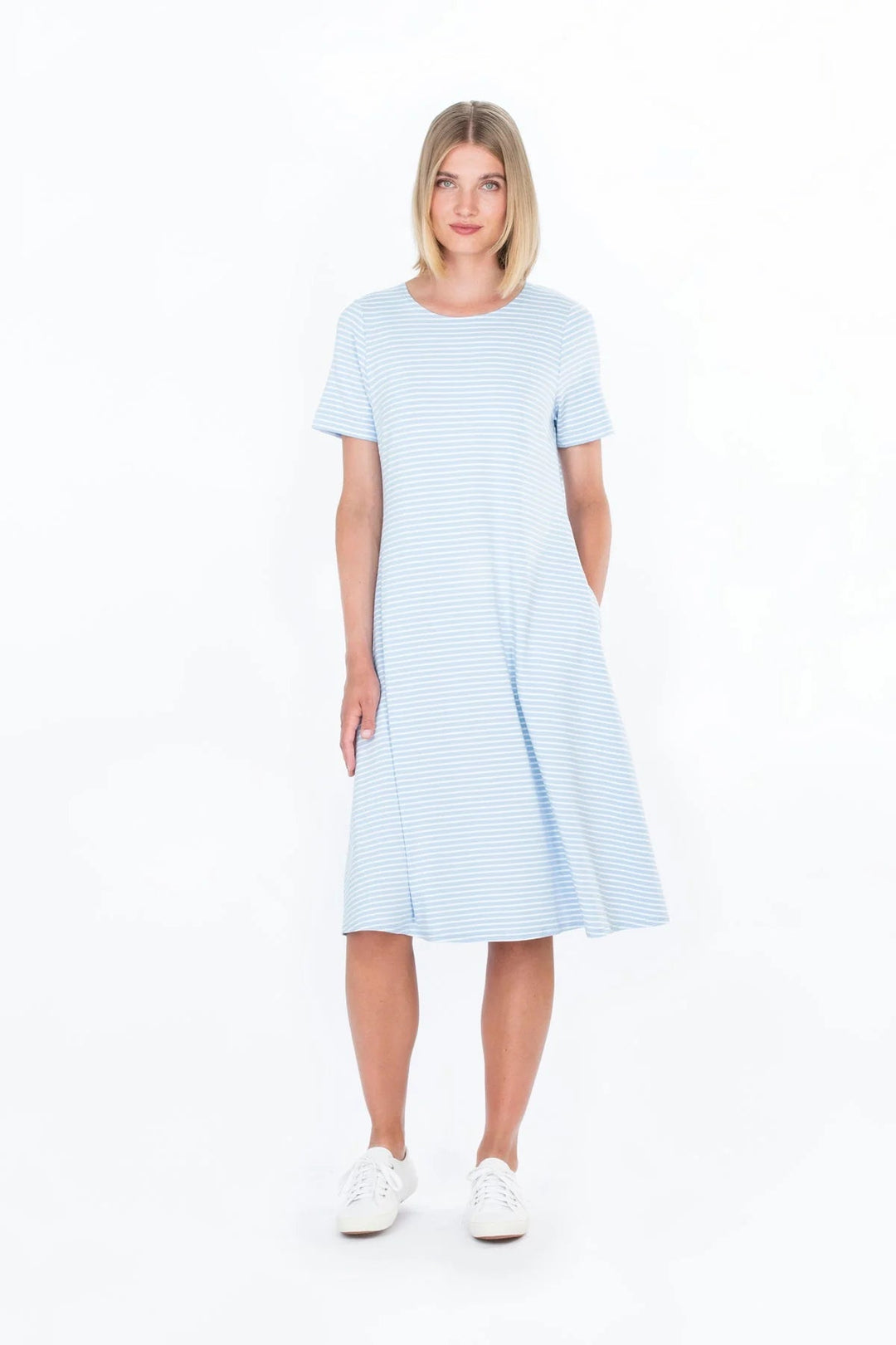 Sotka Viscose Jersey Short Sleeve Stripe Dress, Blue/ White - pirkko. Falla Finland