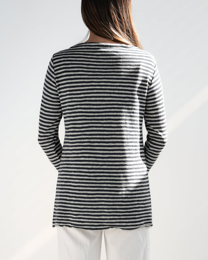 Striped Merino Funnel w/ High Slits. Black/ Light Grey - pirkko. by basics