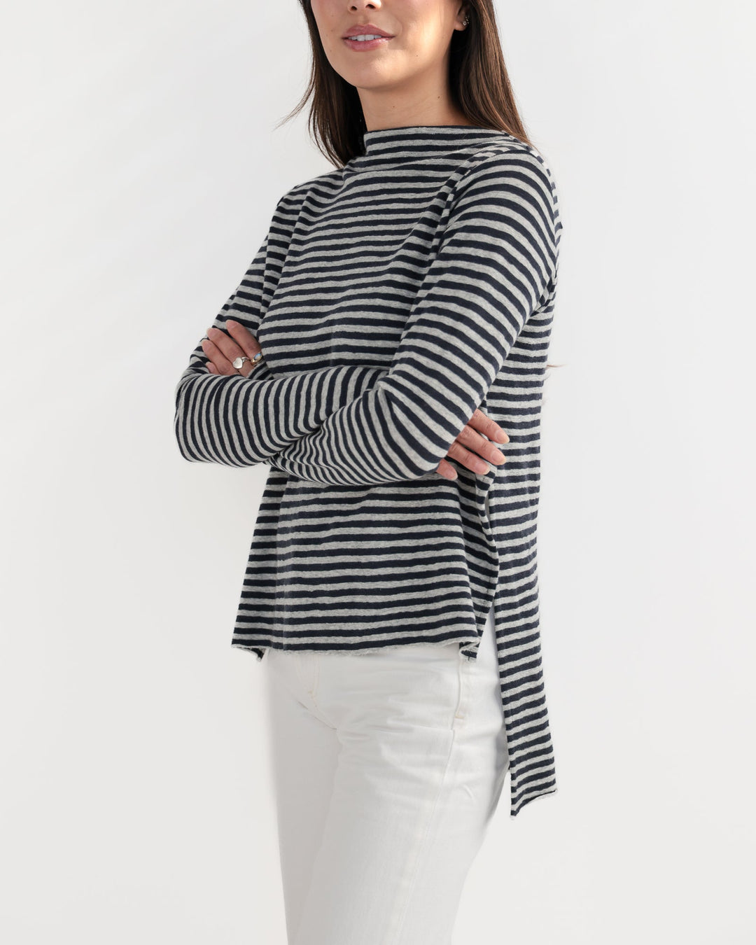 Striped Merino Funnel w/ High Slits. Black/ Light Grey - pirkko. by basics