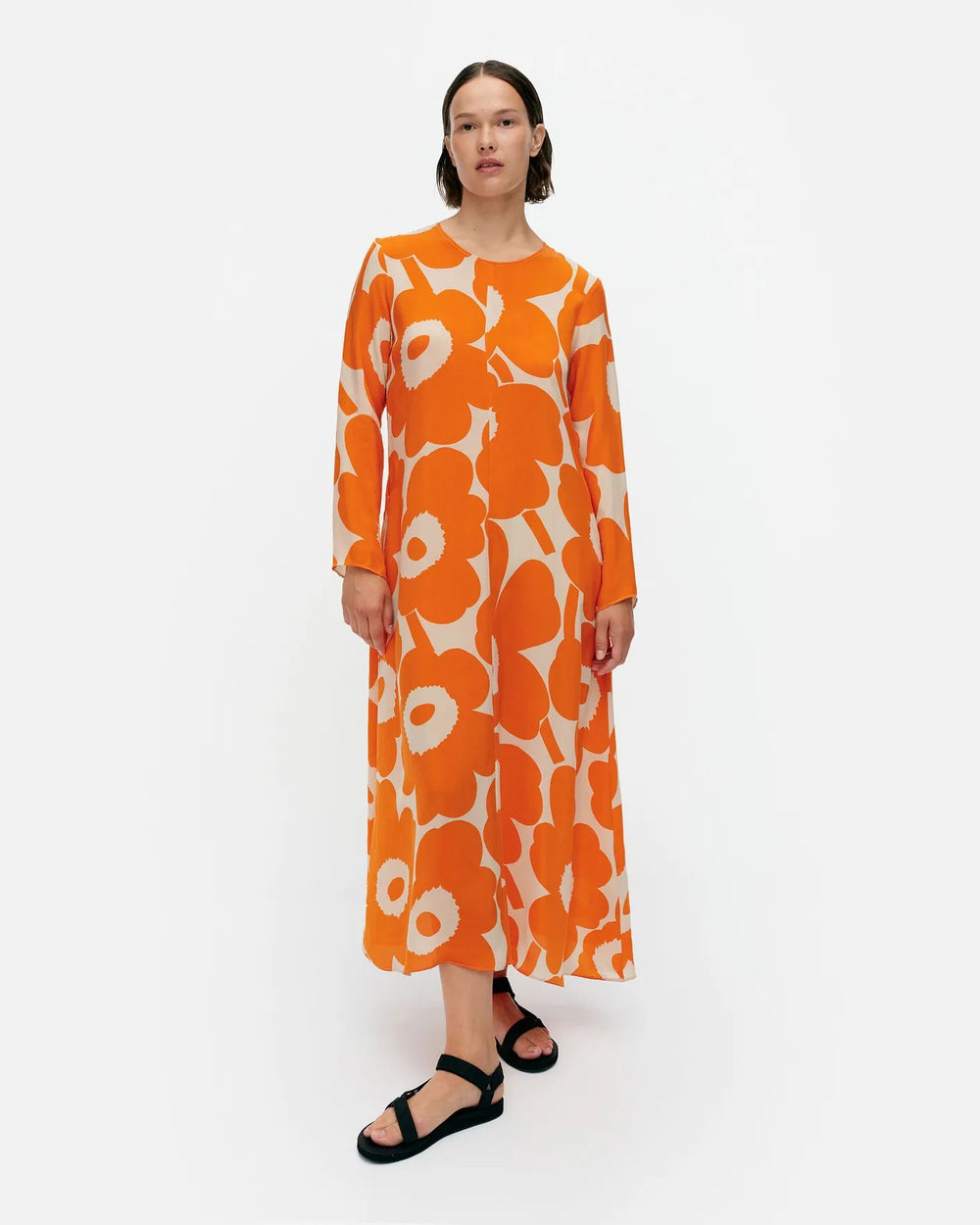 Vesitse Unikko Long Sleeve Maxi Dress | Tangerine/Beige - pirkko. Marimekko