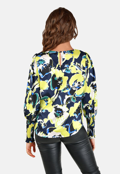 Popover Printed Blouse , Lime Flower. FINAL SALE