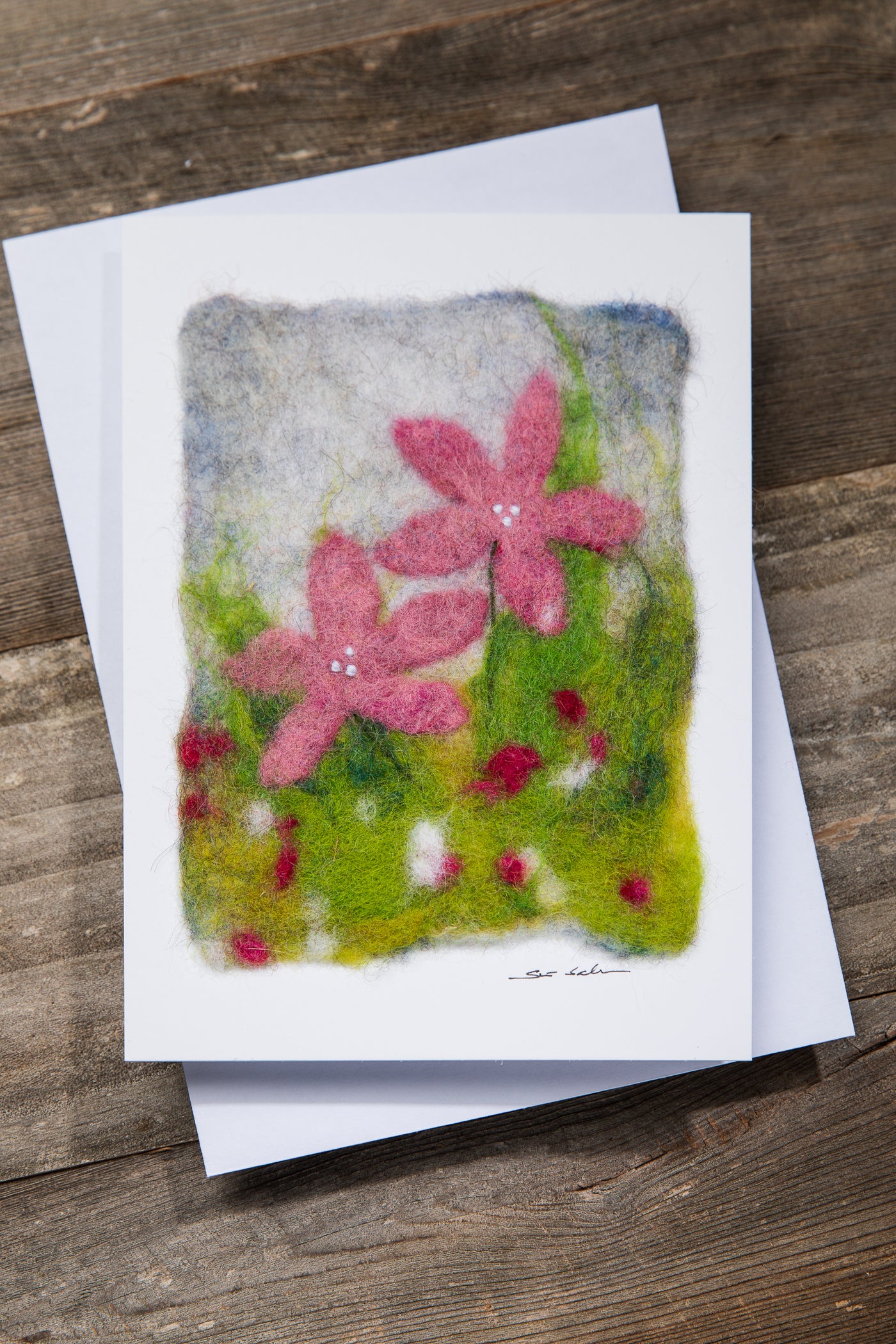 Finnish Felted Cards Pink Flowers