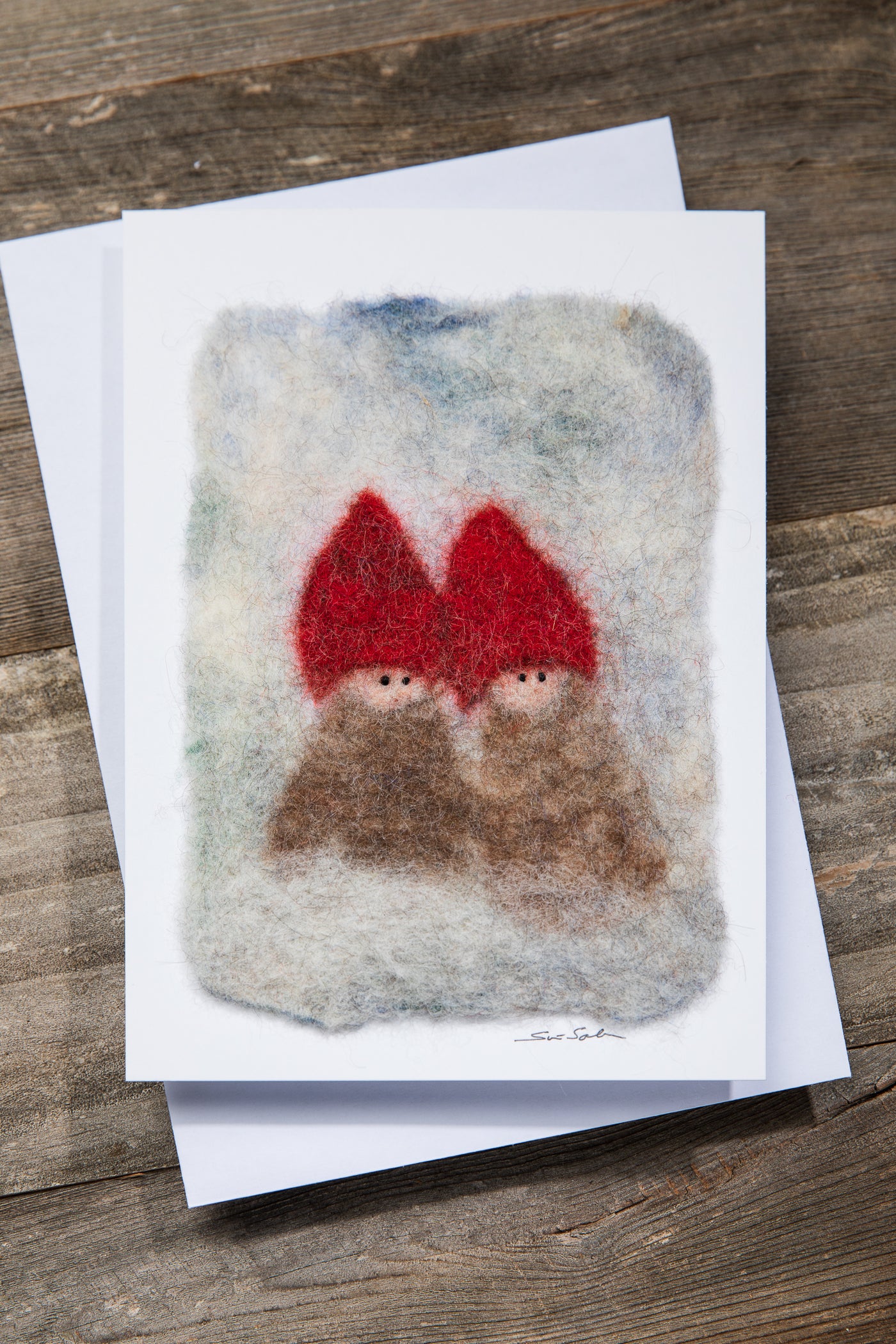 Finnish Felted Cards: Two Elves w/ Red Hats