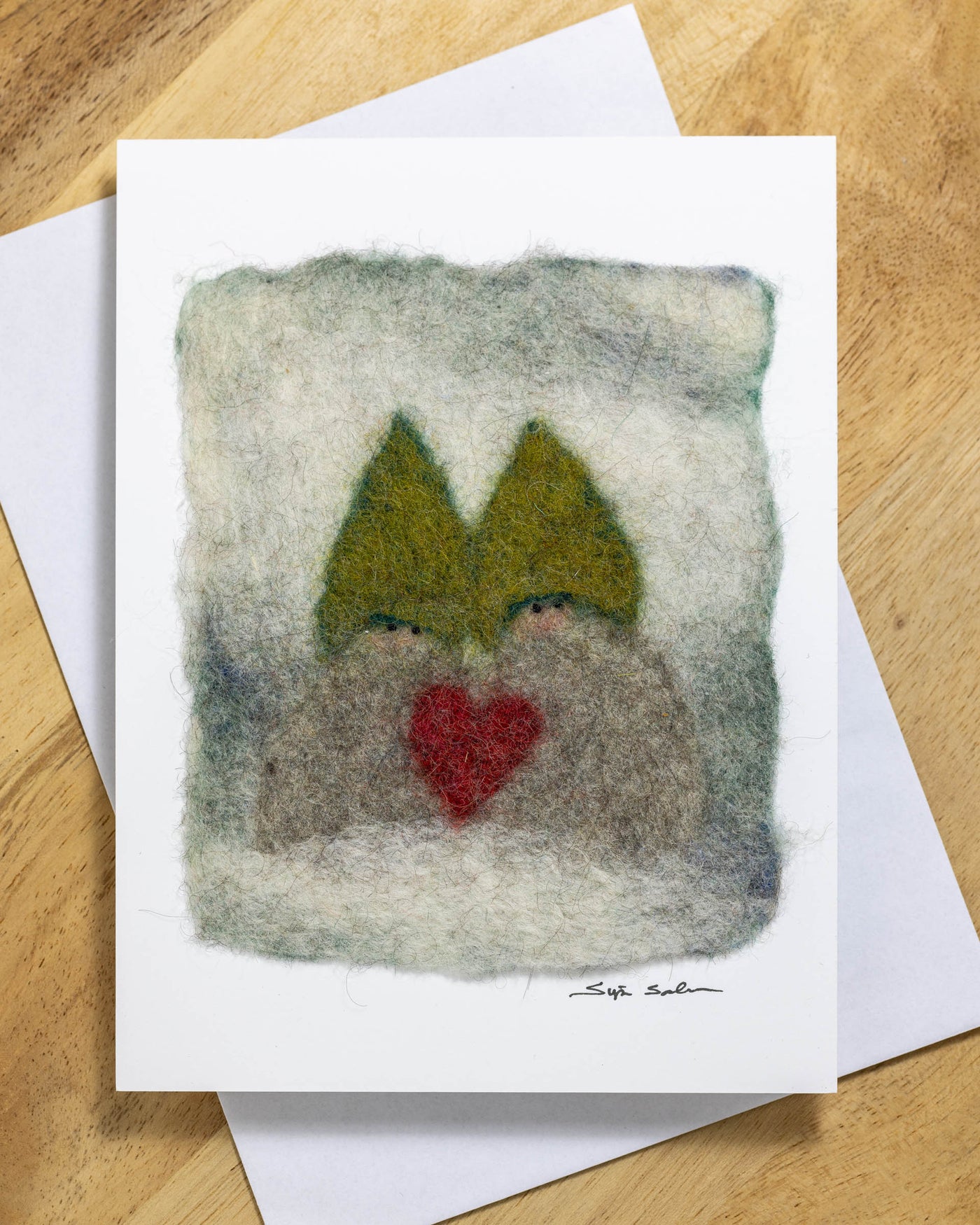 Finnish Felted Cards: Two Heart Elves w/ Green Hats